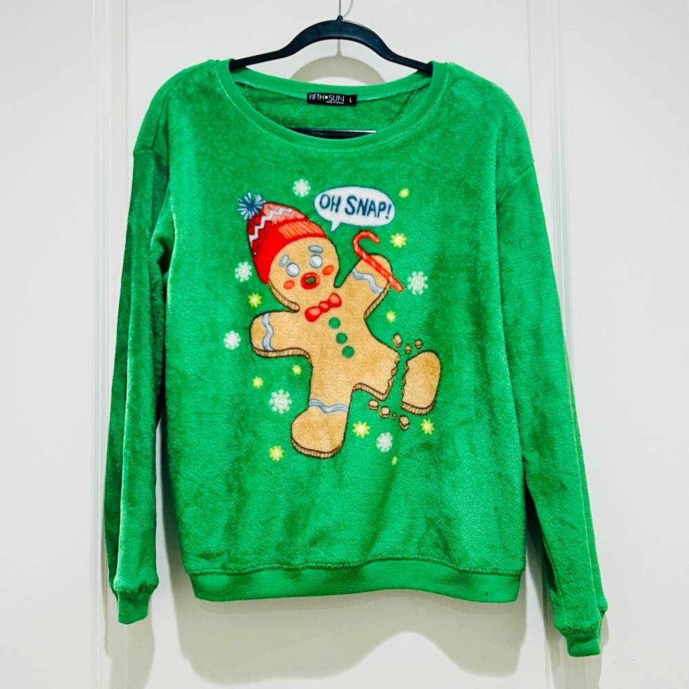 Ugly Christmas Sweatshirt Oh Snap Gingerbread Man Fuzzy Green Juniors Womens L
